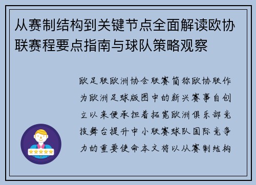 从赛制结构到关键节点全面解读欧协联赛程要点指南与球队策略观察