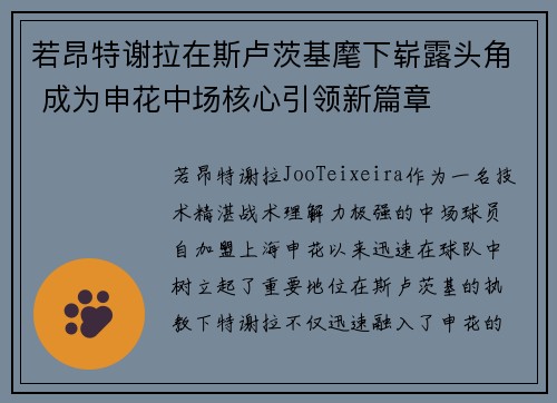 若昂特谢拉在斯卢茨基麾下崭露头角 成为申花中场核心引领新篇章